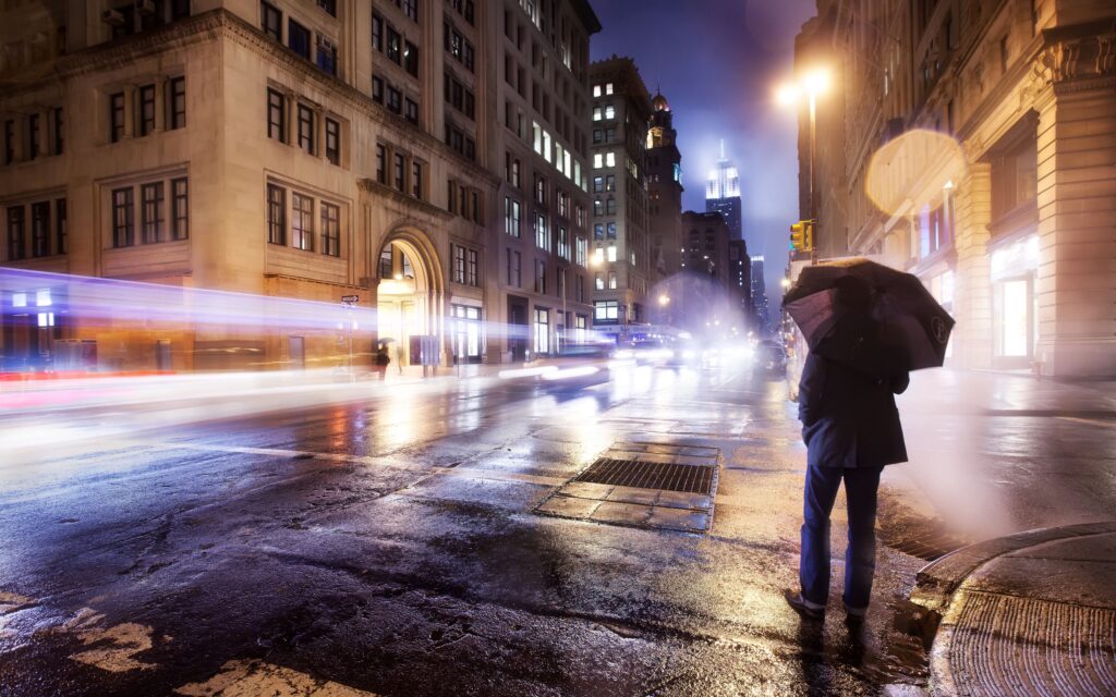 - city night cloudy lonely man umbrella 54494 3840x2400