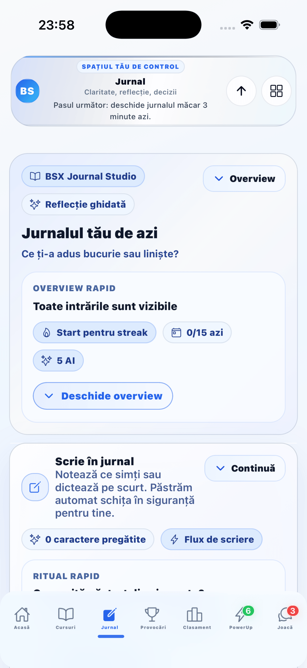 Pagina de jurnal din aplicația Bărbatul Superior
