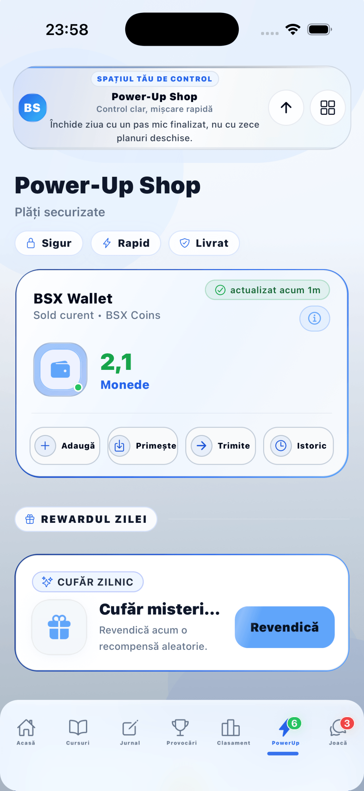 Pagina de power-up și monede din aplicația Bărbatul Superior