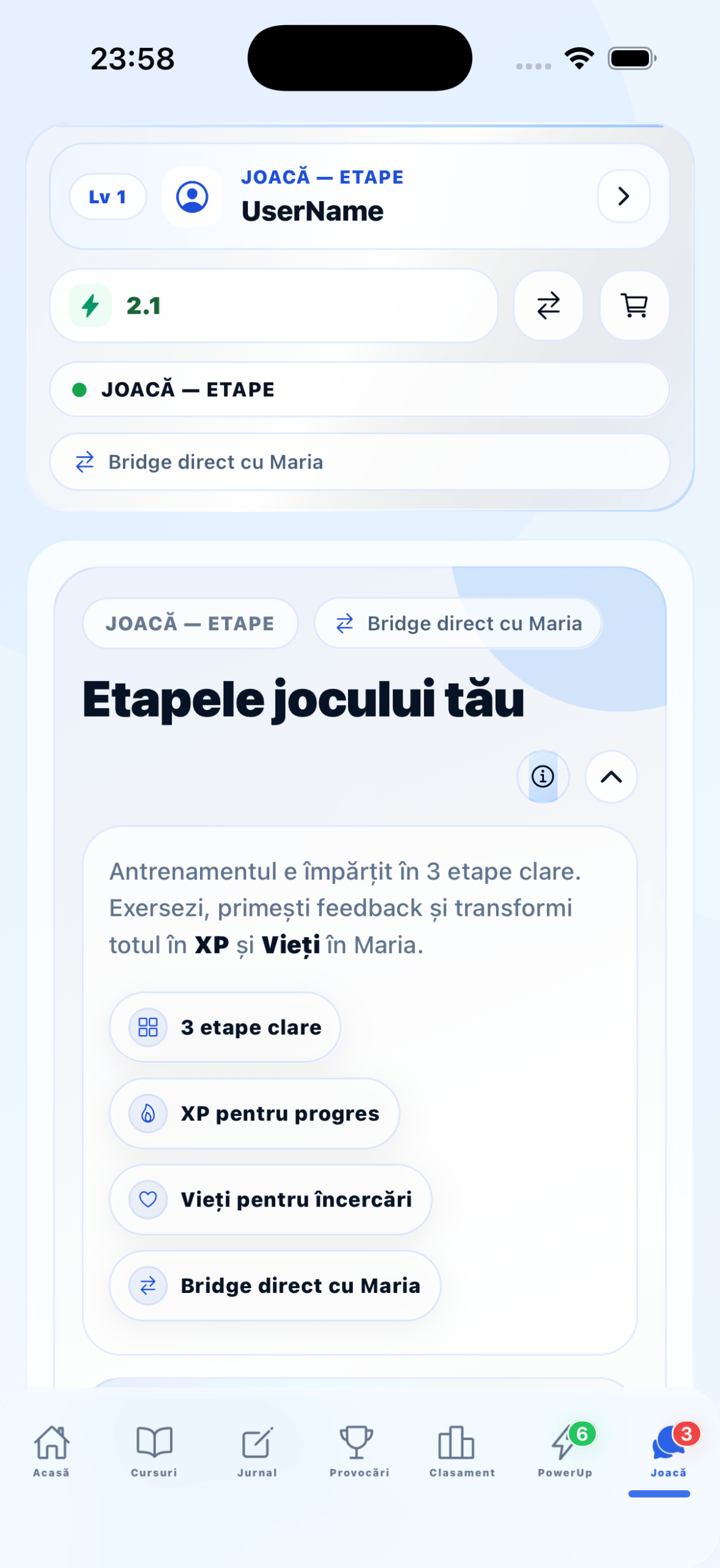 Pagina Maria AI din aplicația Bărbatul Superior